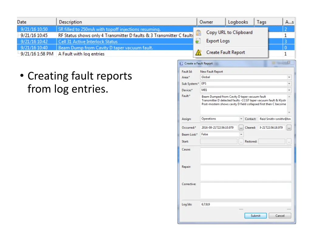 creating fault reports from log entries