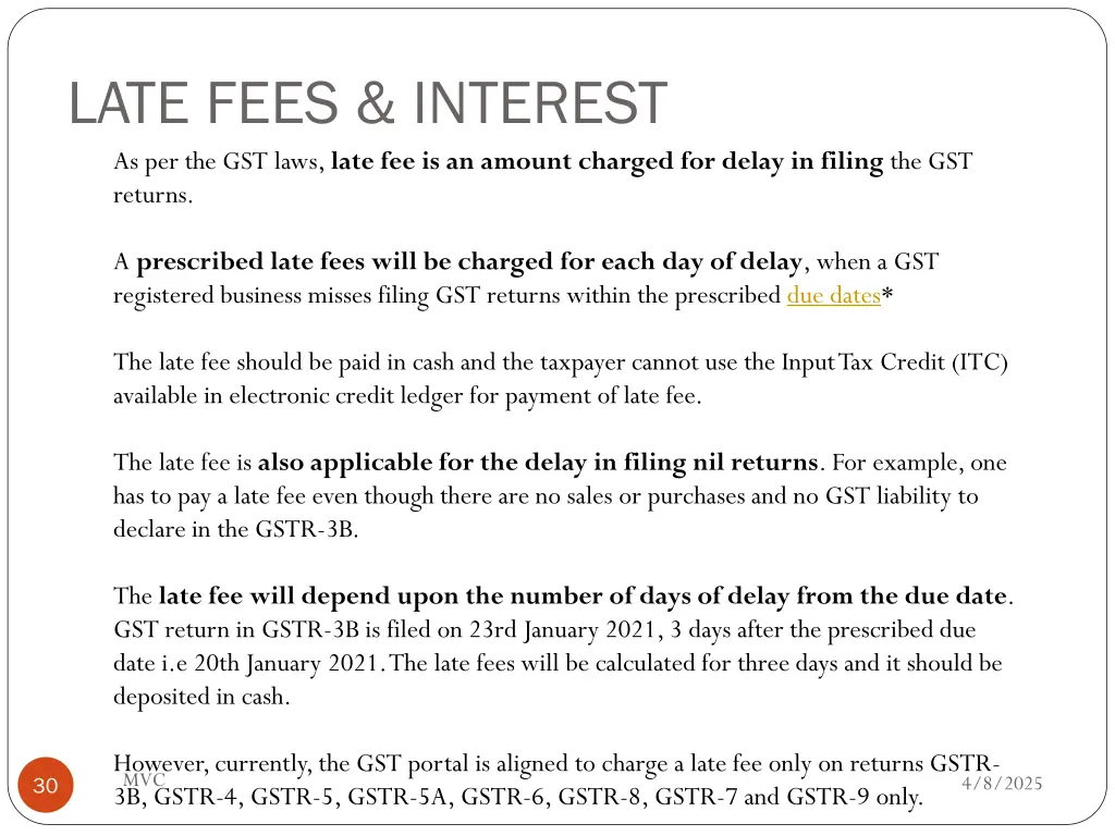late fees interest as per the gst laws late