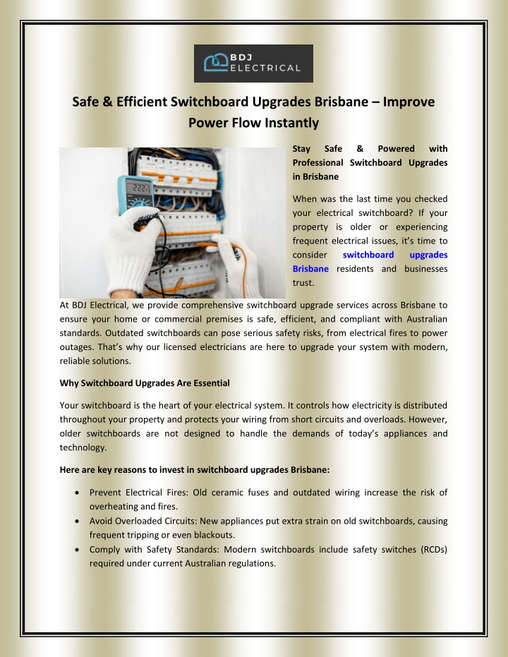 safe efficient switchboard upgrades brisbane