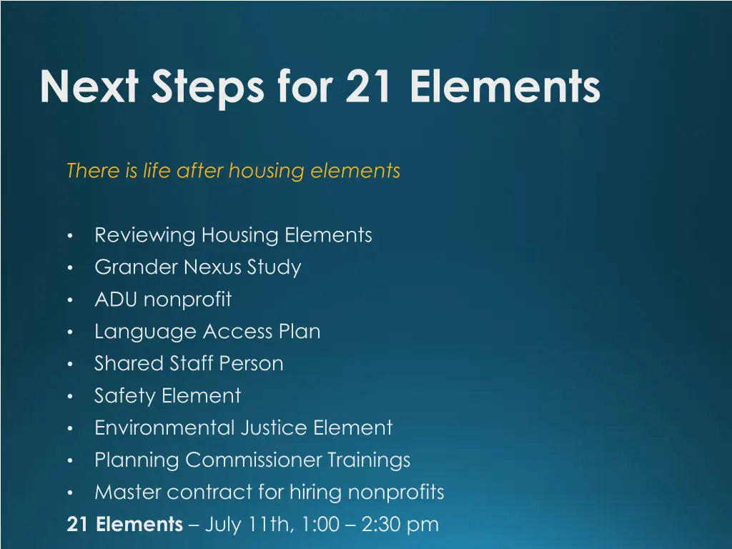 next steps for 21 elements