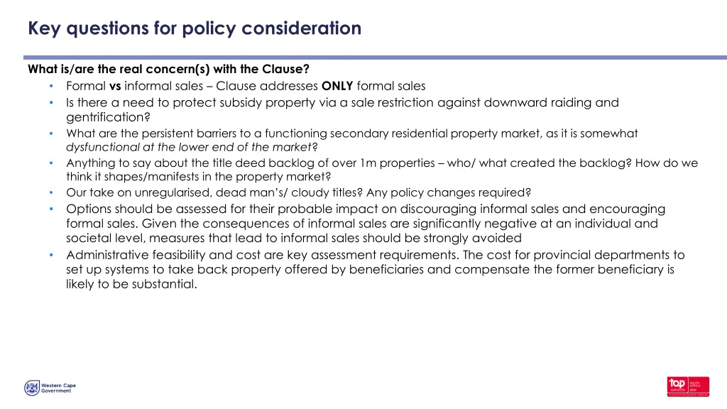 key questions for policy consideration