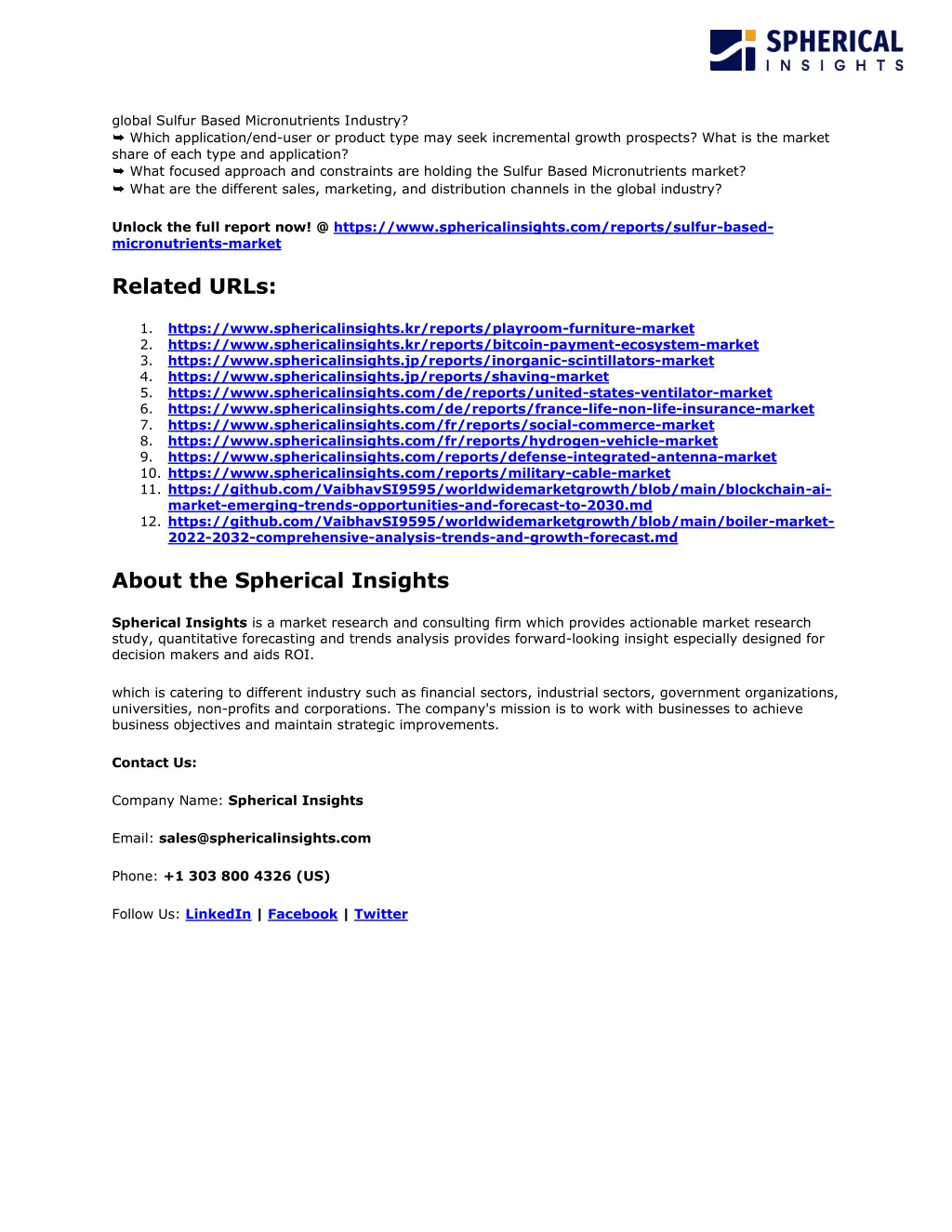 global sulfur based micronutrients industry which