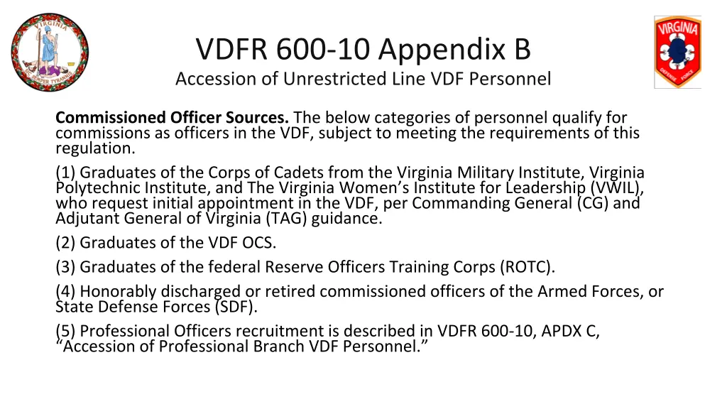 vdfr 600 10 appendix b accession of unrestricted 3