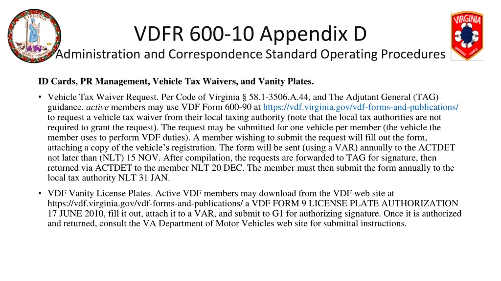 vdfr 600 10 appendix d administration 15