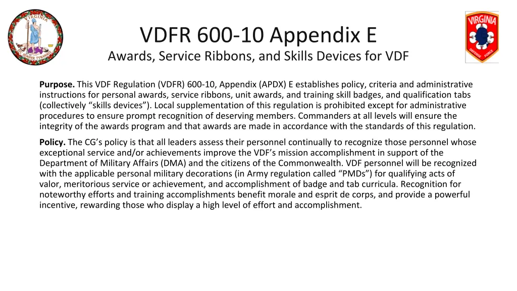 vdfr 600 10 appendix e awards service ribbons