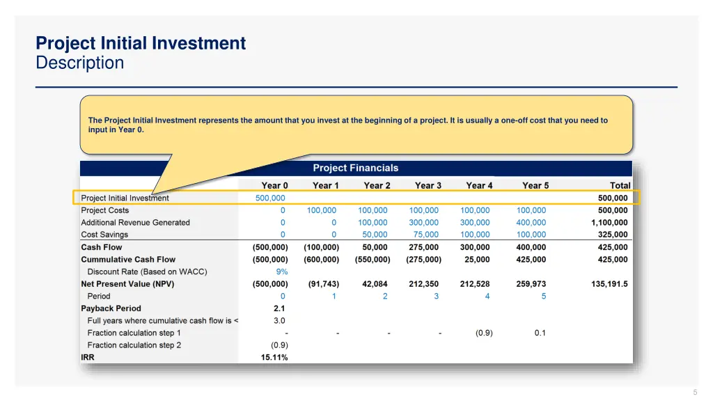 project initial investment description