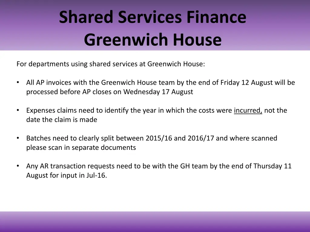 shared services finance greenwich house