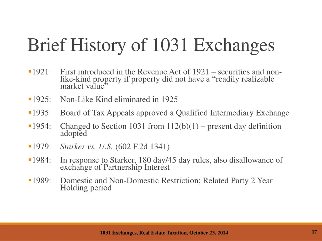 brief history of 1031 exchanges
