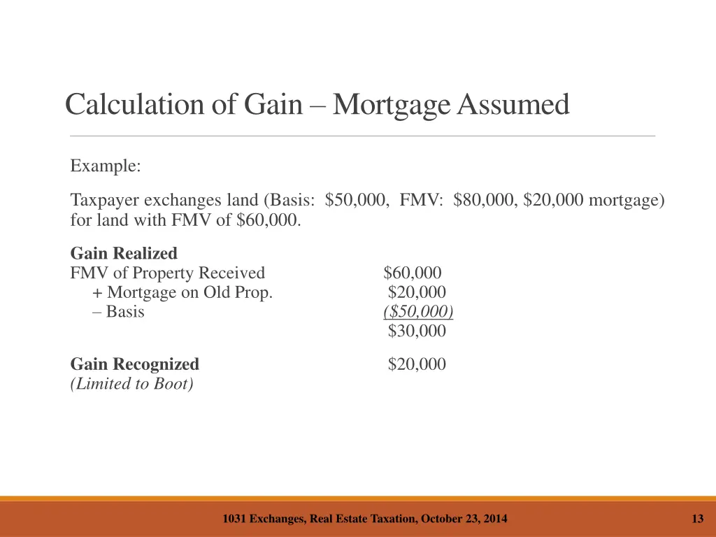 calculation of gain mortgage assumed