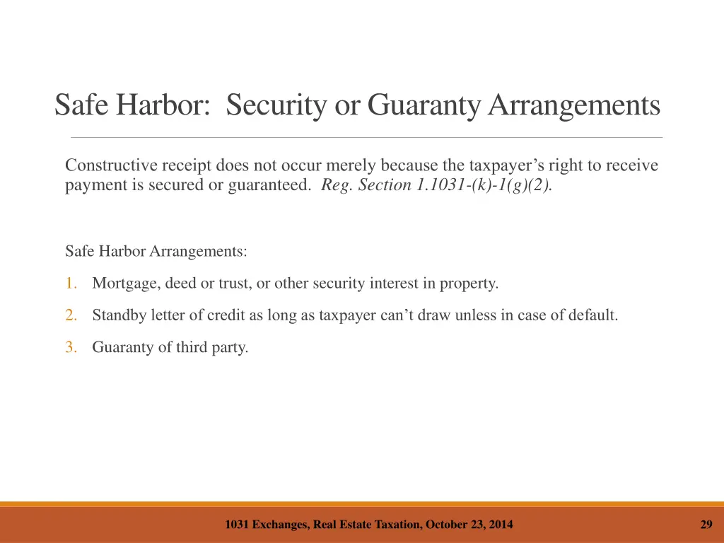 safe harbor security or guaranty arrangements