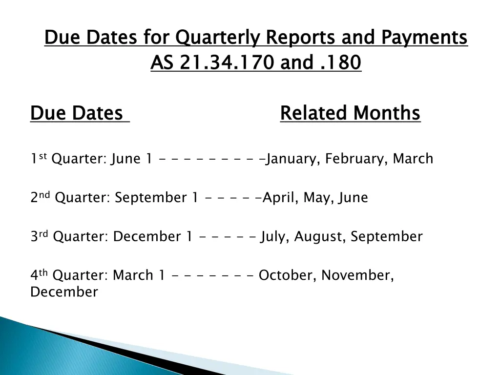 due dates for quarterly reports and payments
