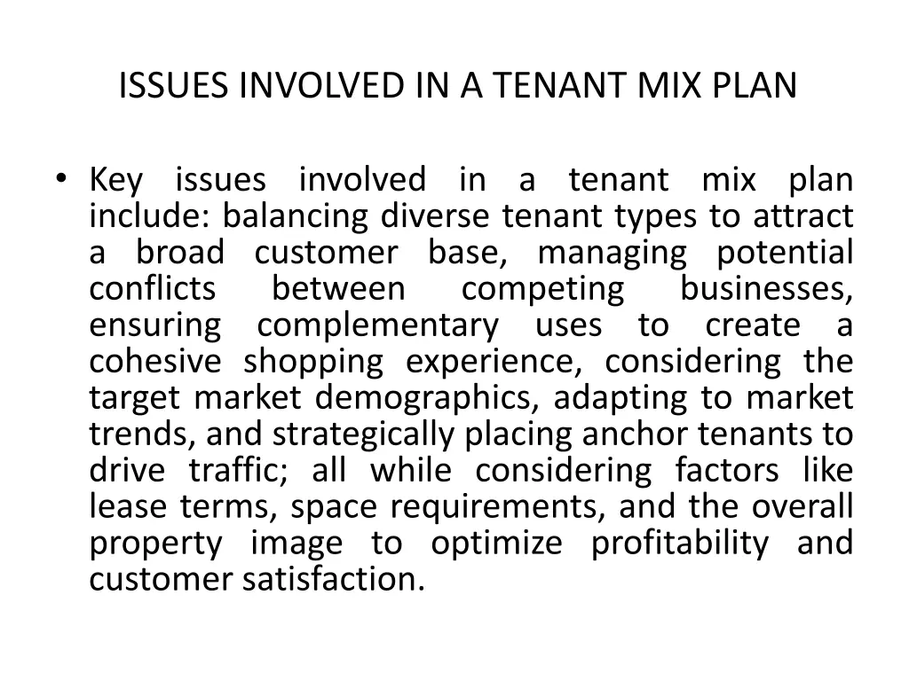 issues involved in a tenant mix plan