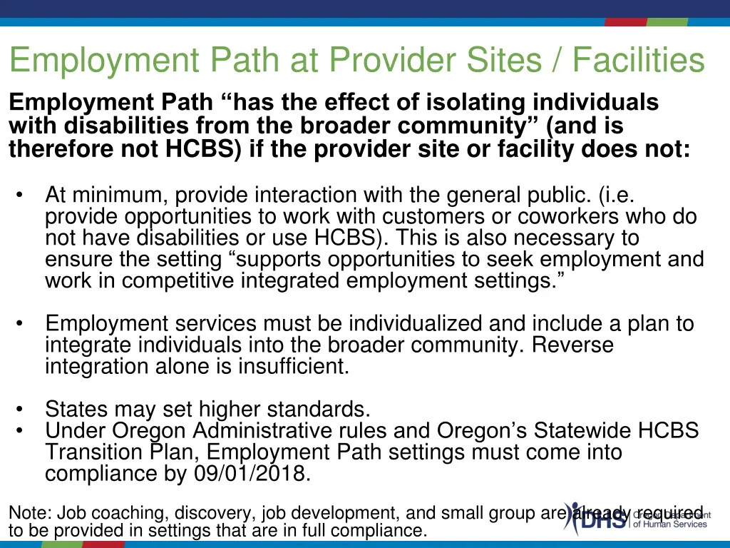 employment path at provider sites facilities