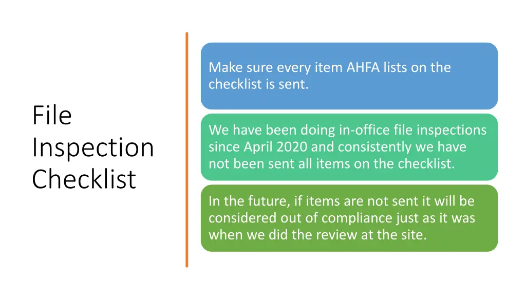 make sure every item ahfa lists on the checklist