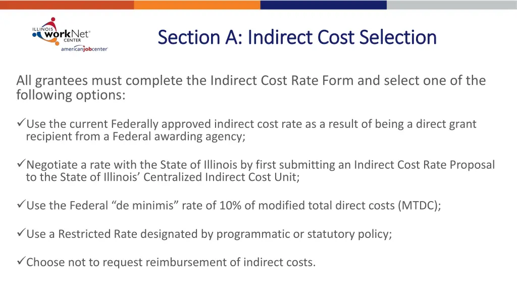 section a indirect cost selection section