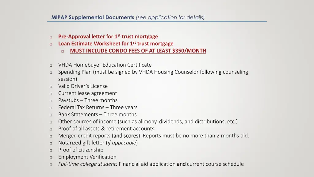 mipap supplemental documents see application