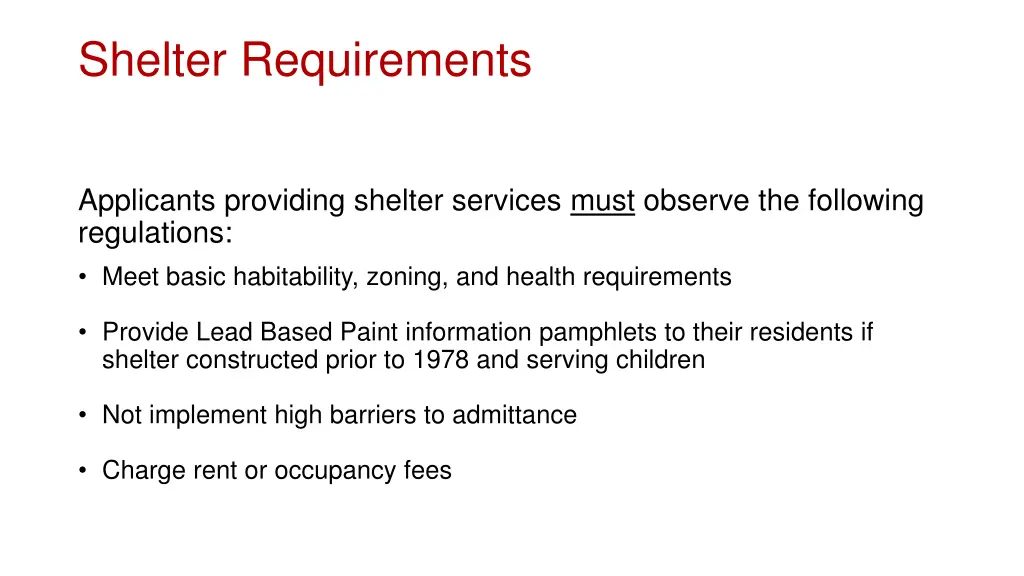 shelter requirements