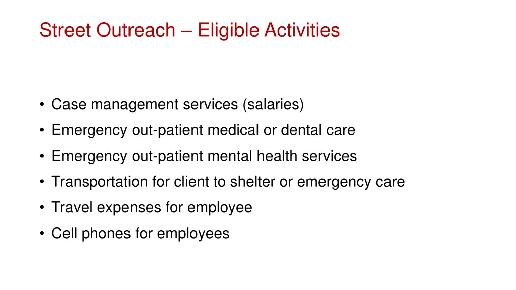 street outreach eligible activities