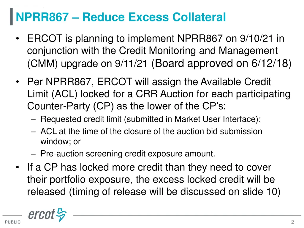 nprr867 reduce excess collateral