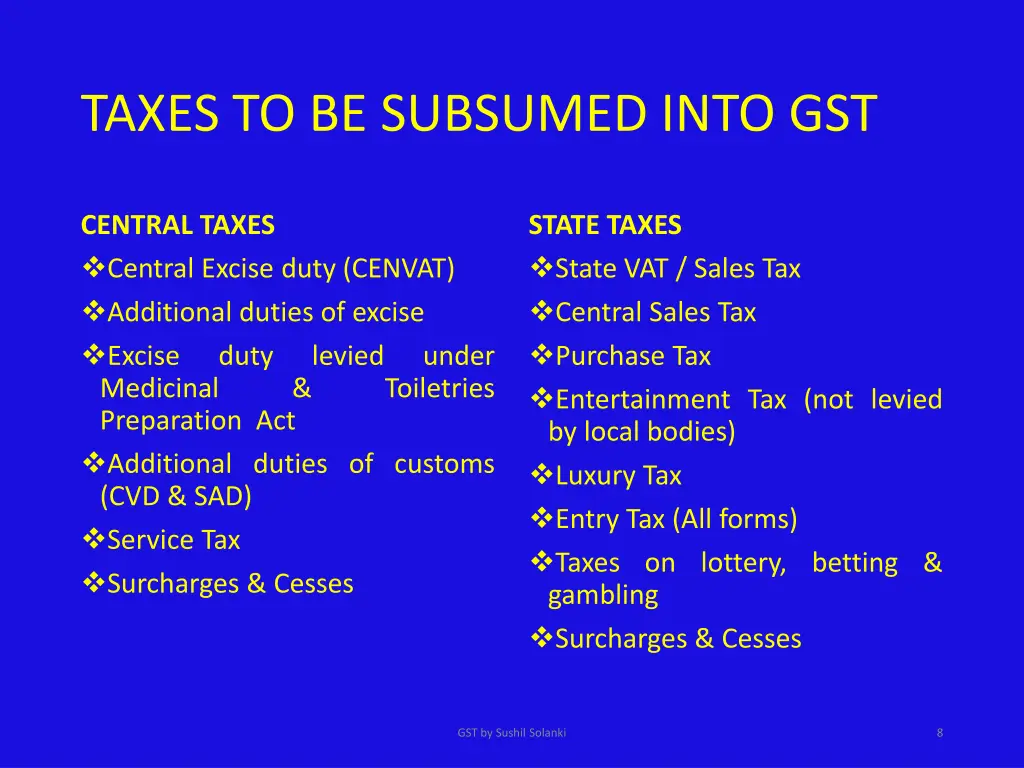 taxes to be subsumed into gst