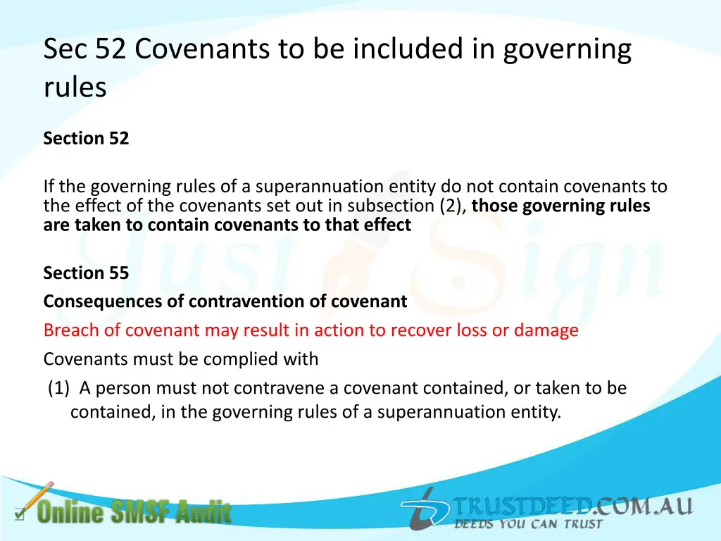 sec 52 covenants to be included in governing rules