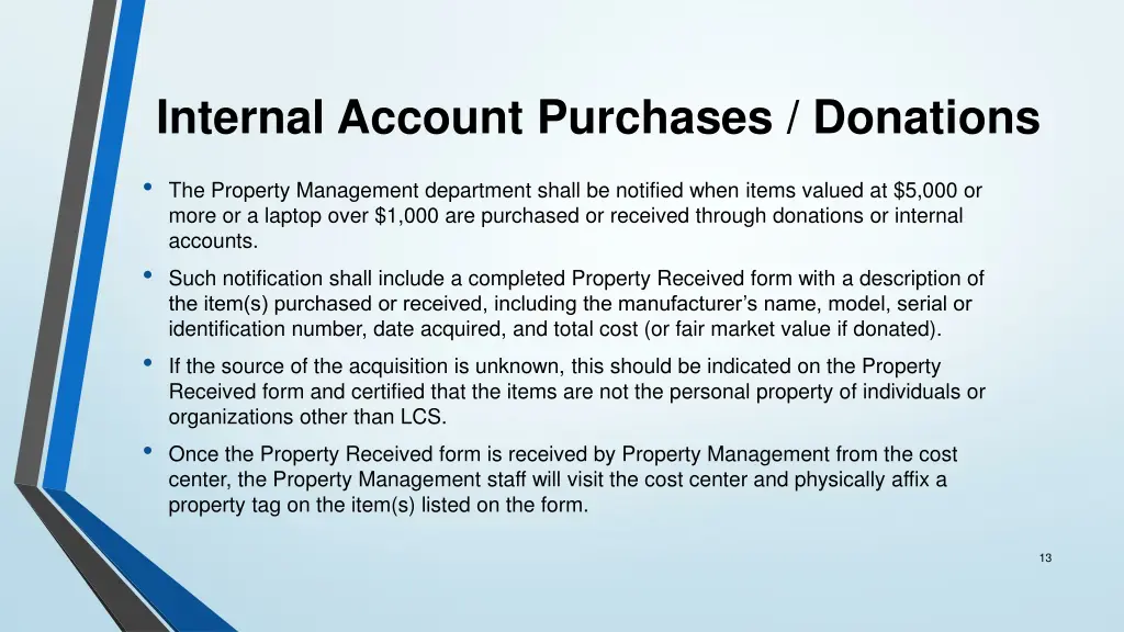 internal account purchases donations