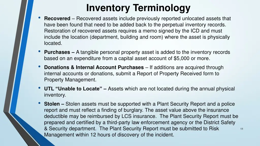 inventory terminology recovered recovered assets