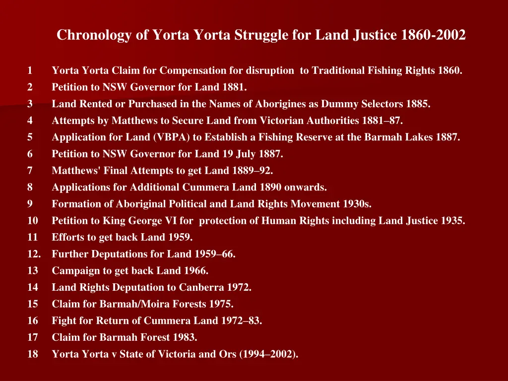 chronology of yorta yorta struggle for land