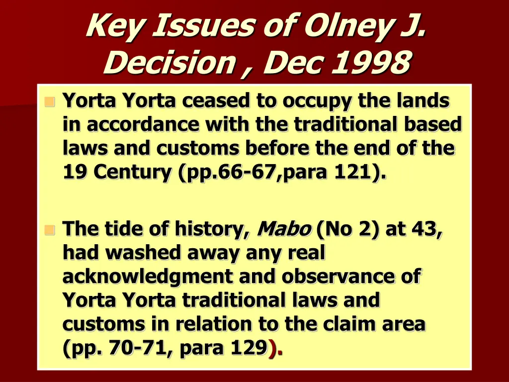 key issues of olney j decision dec 1998 yorta