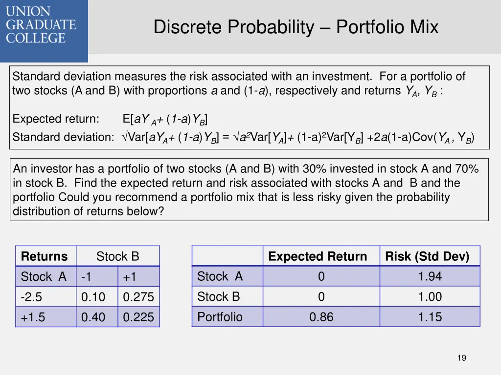 discrete probability portfolio mix