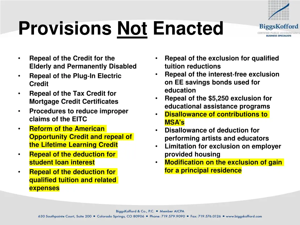 provisions not enacted