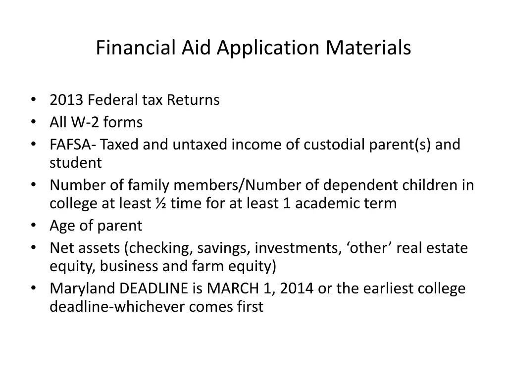 financial aid application materials