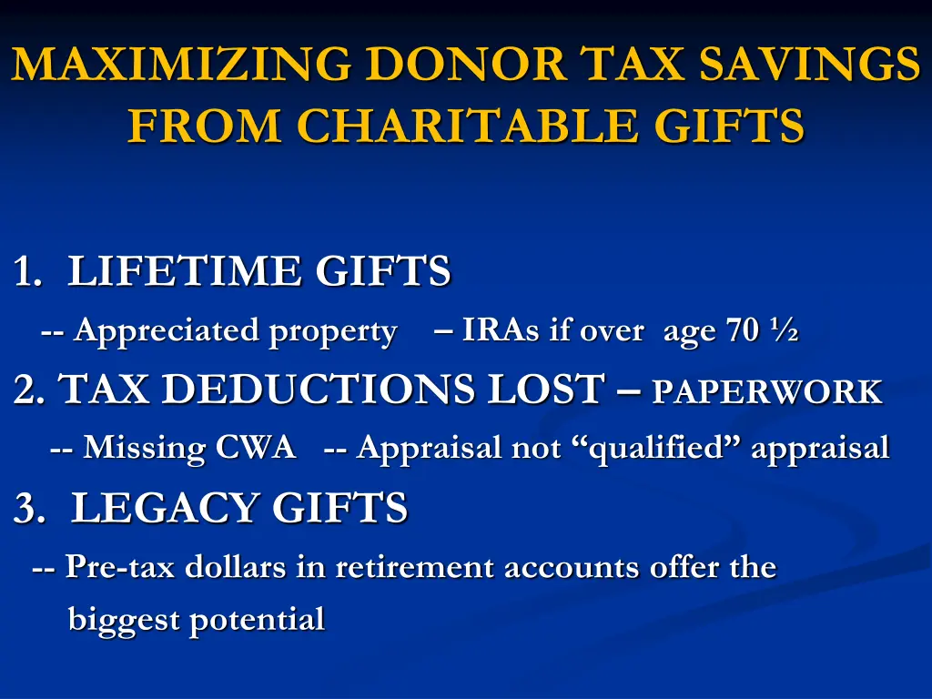 maximizing donor tax savings from charitable gifts