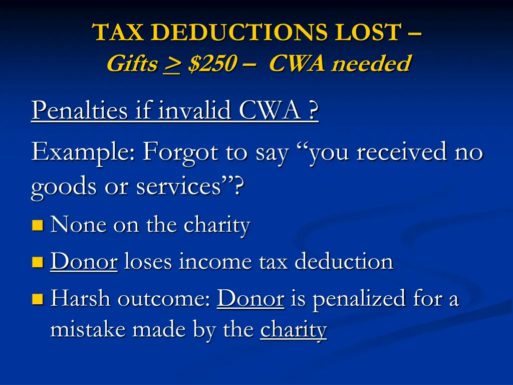 tax deductions lost gifts 250 cwa needed 1