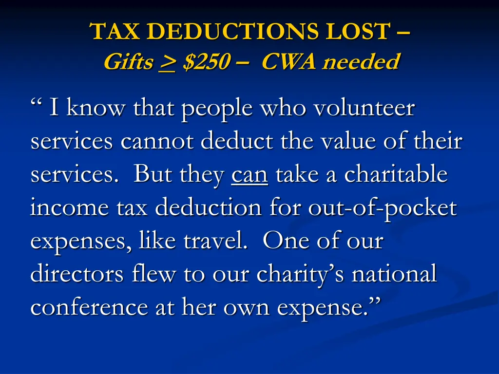 tax deductions lost gifts 250 cwa needed 5