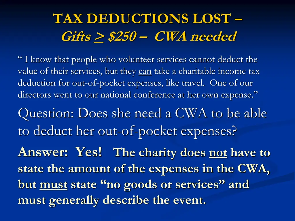 tax deductions lost gifts 250 cwa needed 6