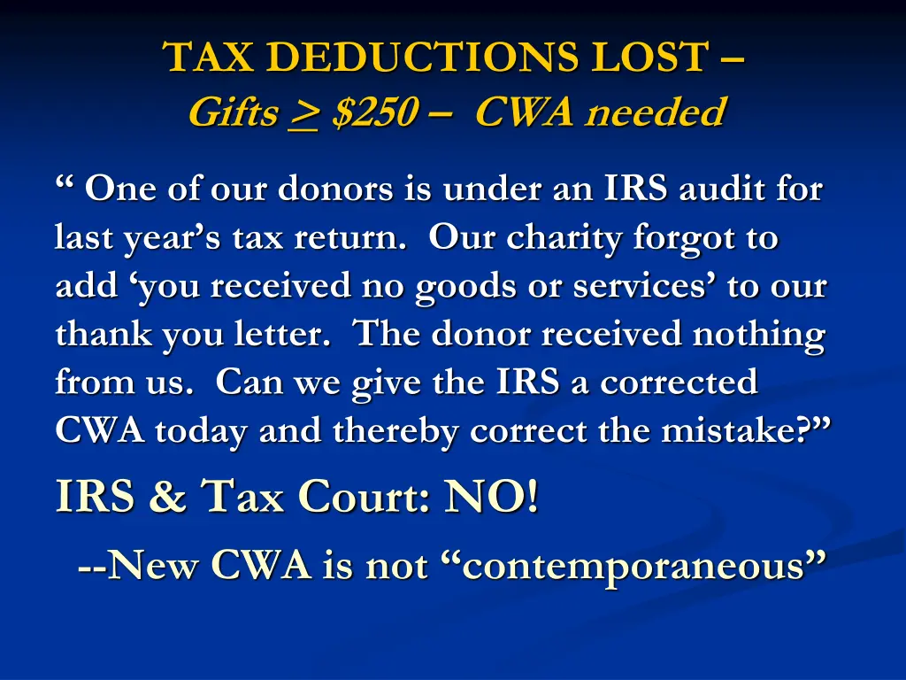 tax deductions lost gifts 250 cwa needed 7