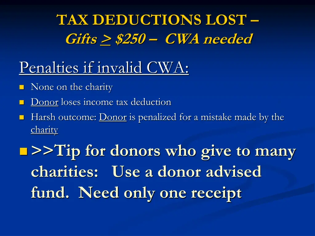 tax deductions lost gifts 250 cwa needed 8