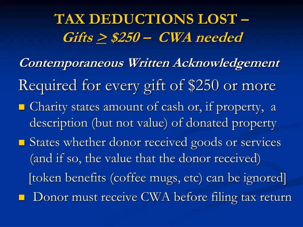 tax deductions lost gifts 250 cwa needed