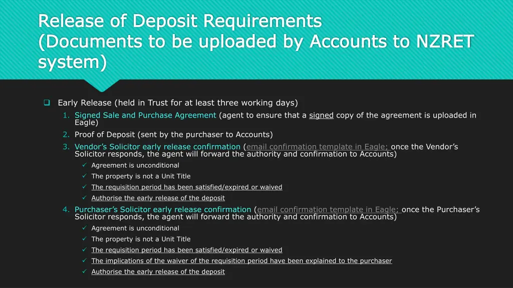 release of deposit requirements release 1