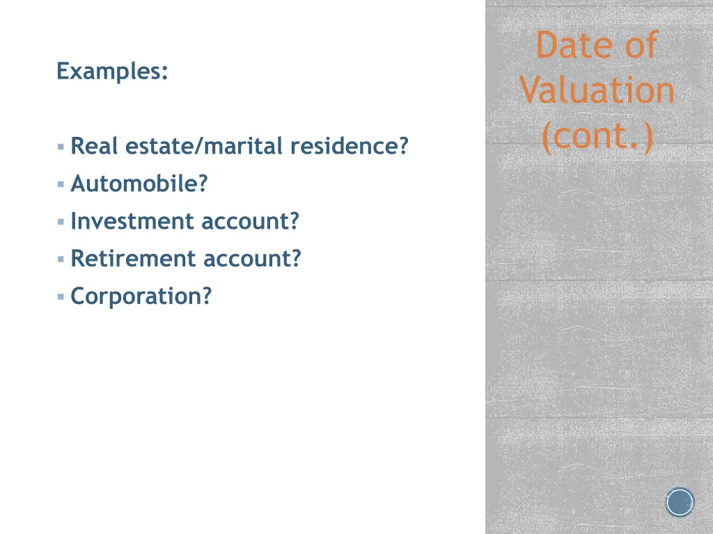 date of valuation cont