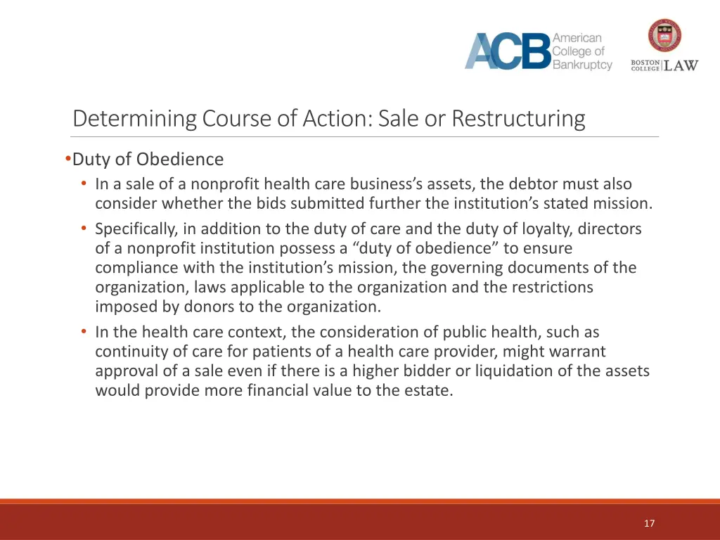 determining course of action sale or restructuring