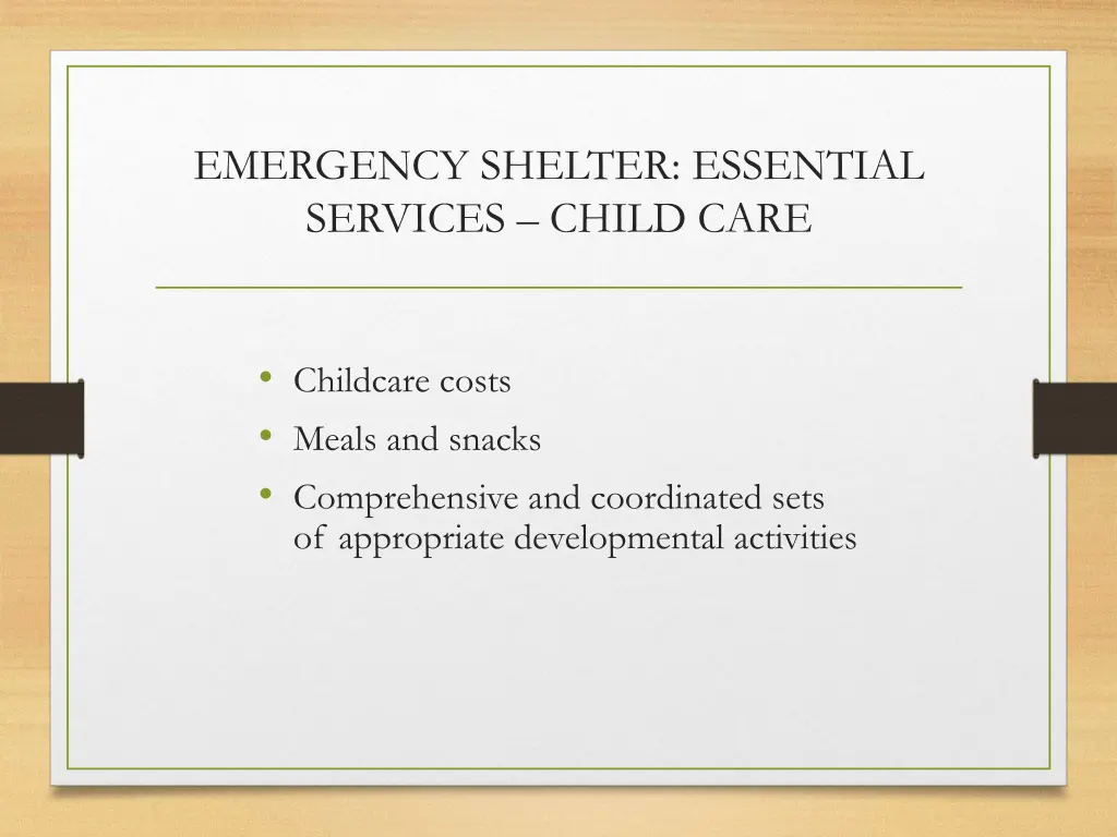 emergency shelter essential services child care