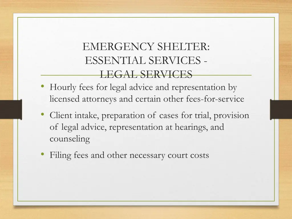 emergency shelter essential services legal