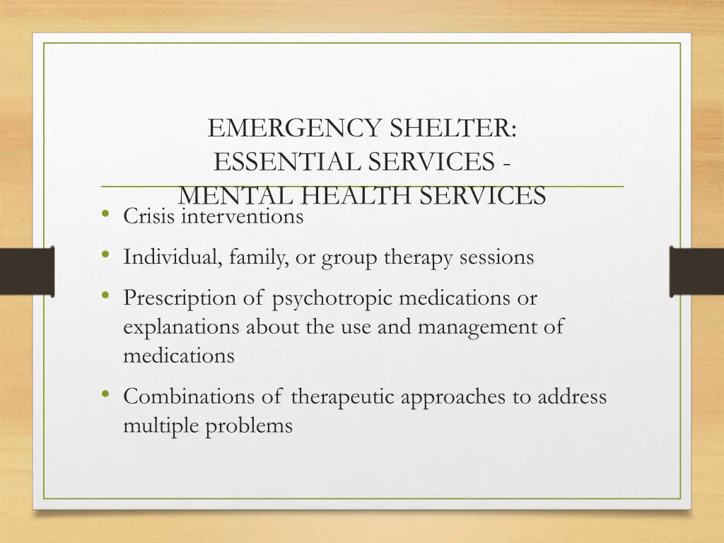 emergency shelter essential services mental