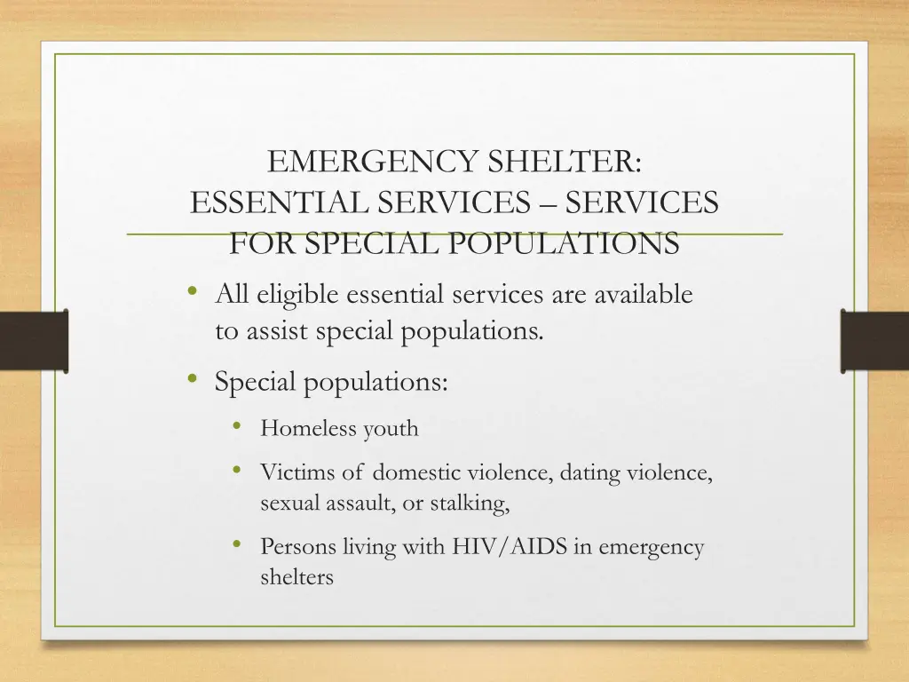 emergency shelter essential services services