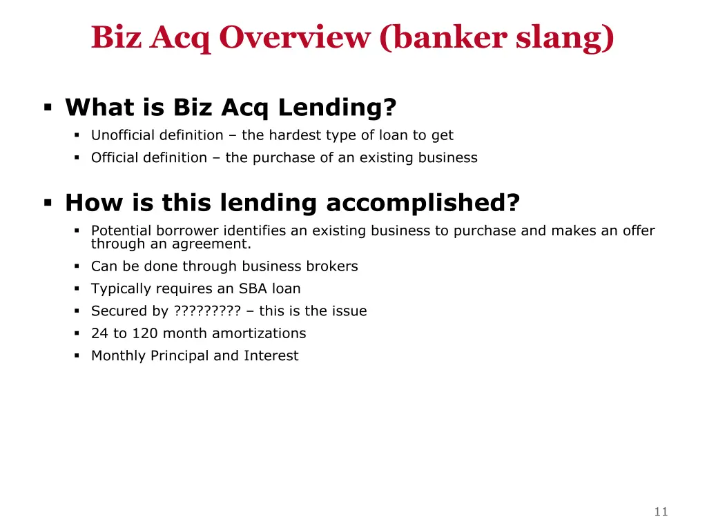 biz acq overview banker slang