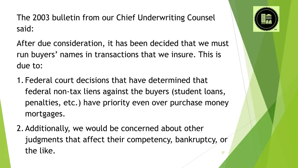 the 2003 bulletin from our chief underwriting