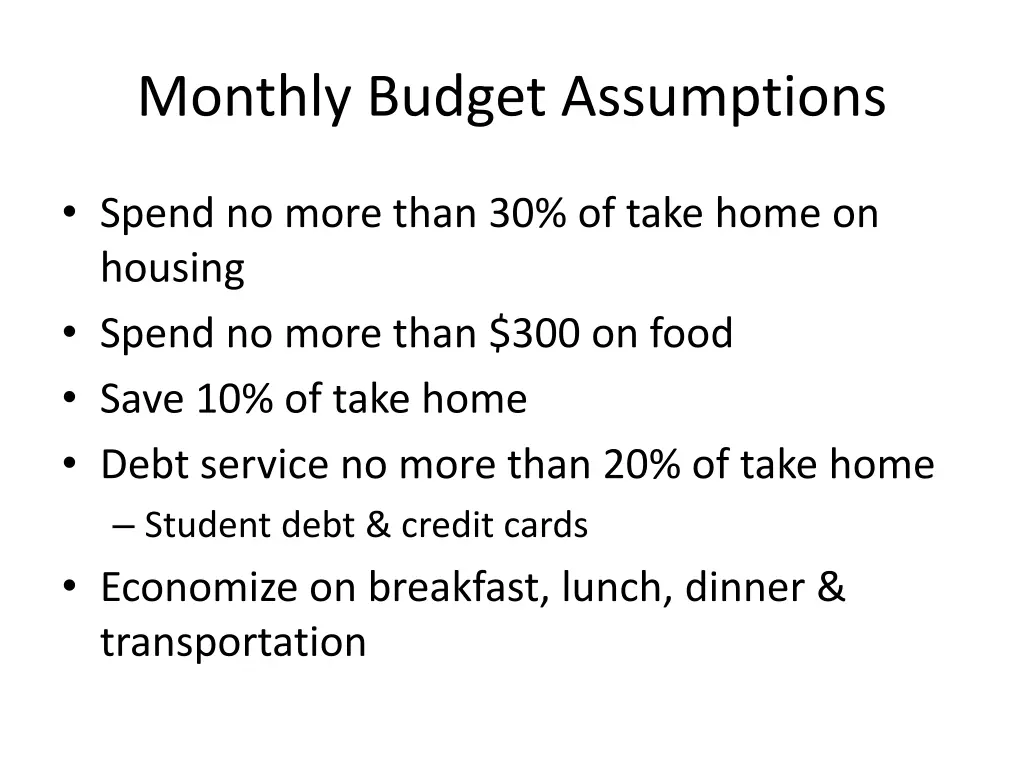 monthly budget assumptions