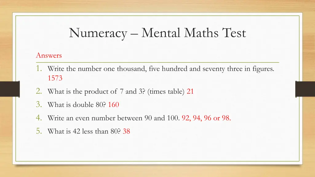 numeracy mental maths test 2